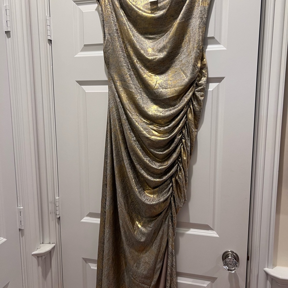 Anthropologie Metallic Gold Ruched Maxi Dress